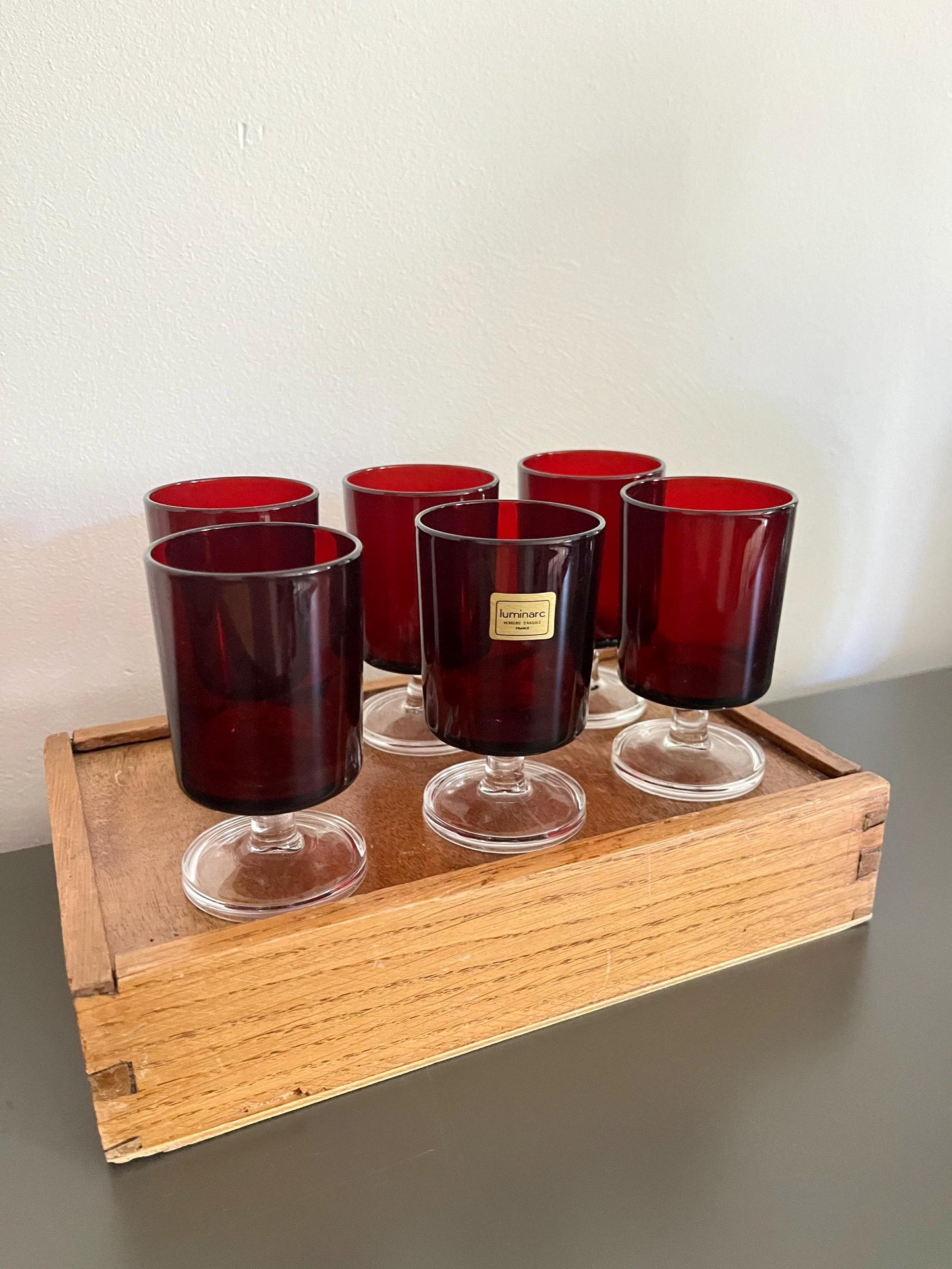 Vintage Luminarc red glasses set, France 1970s, mid-century Luminarc glassware