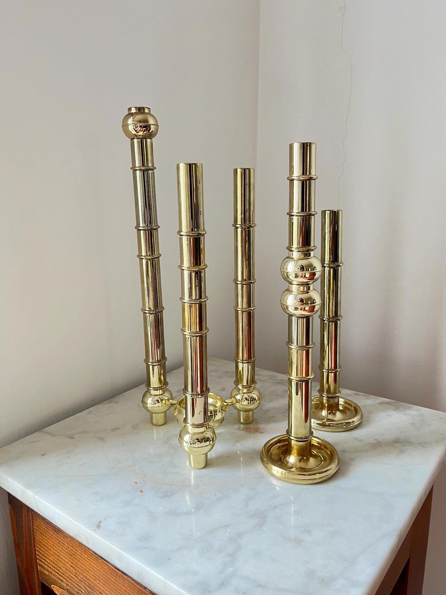 Very Rare Modular Scandinavian Brass Candlestick, 33-Piece Mid-Century Plug-In, Stoff Nagel System