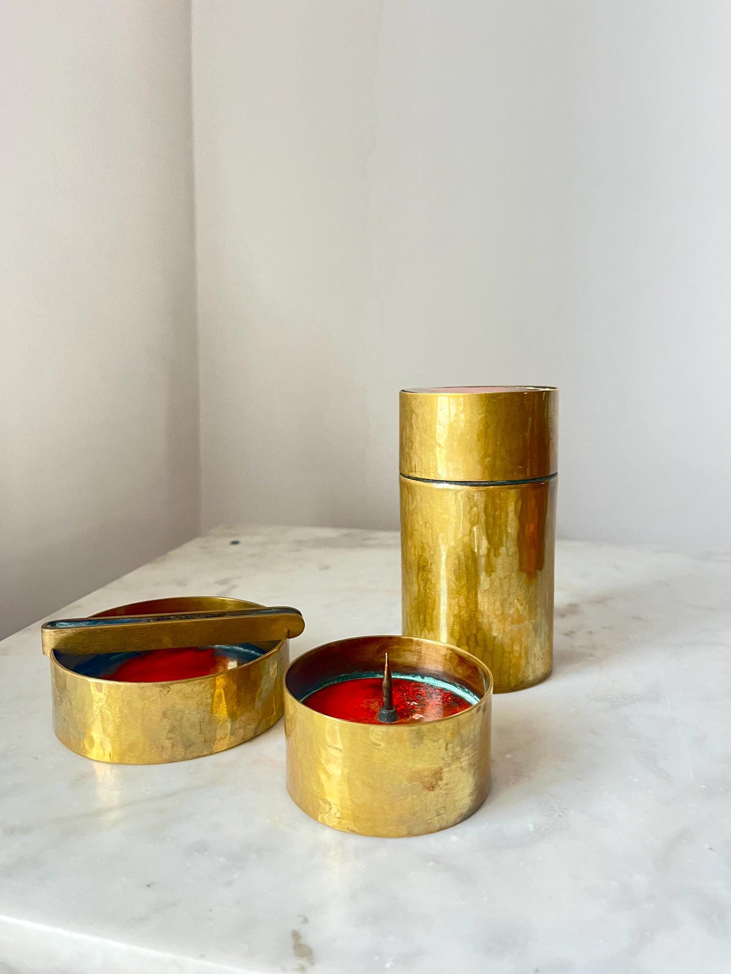 Red Enamel Bronze Set, Ashtray, Candle Holder, Jar, 1950s