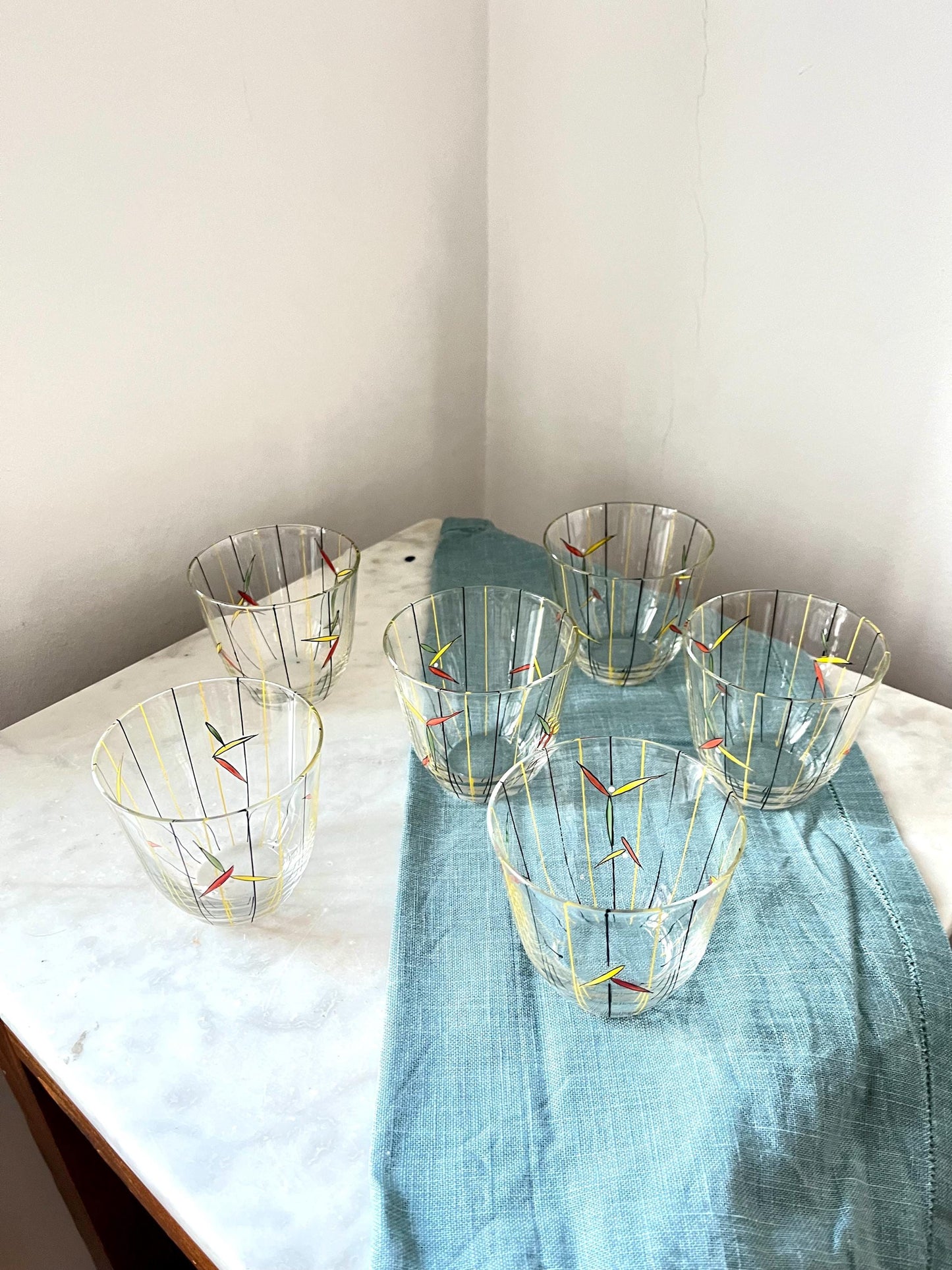 Set of 6 Hand-Painted Glasses, Yellow & Black, 1950s