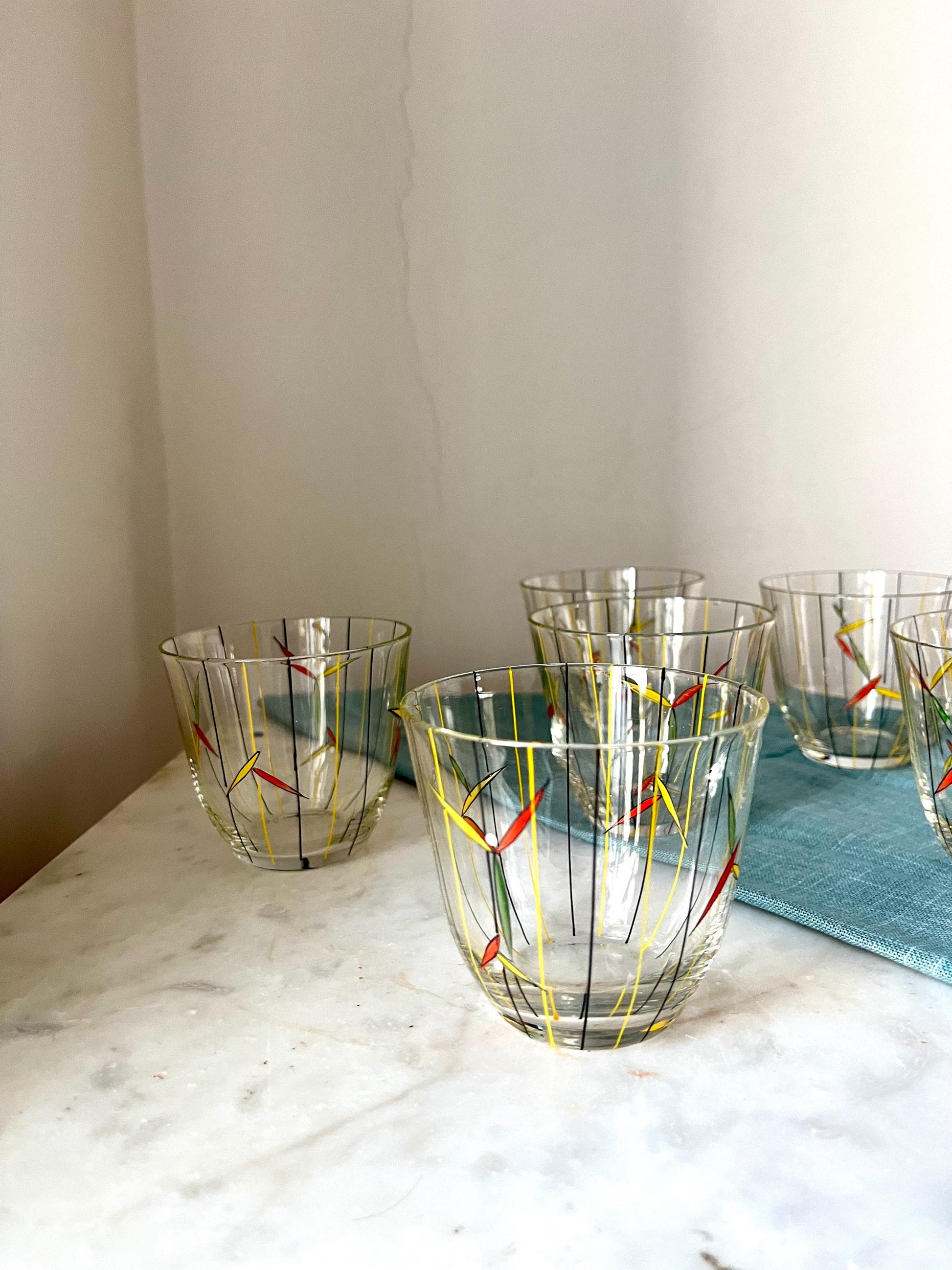 Set of 6 Hand-Painted Glasses, Yellow & Black, 1950s