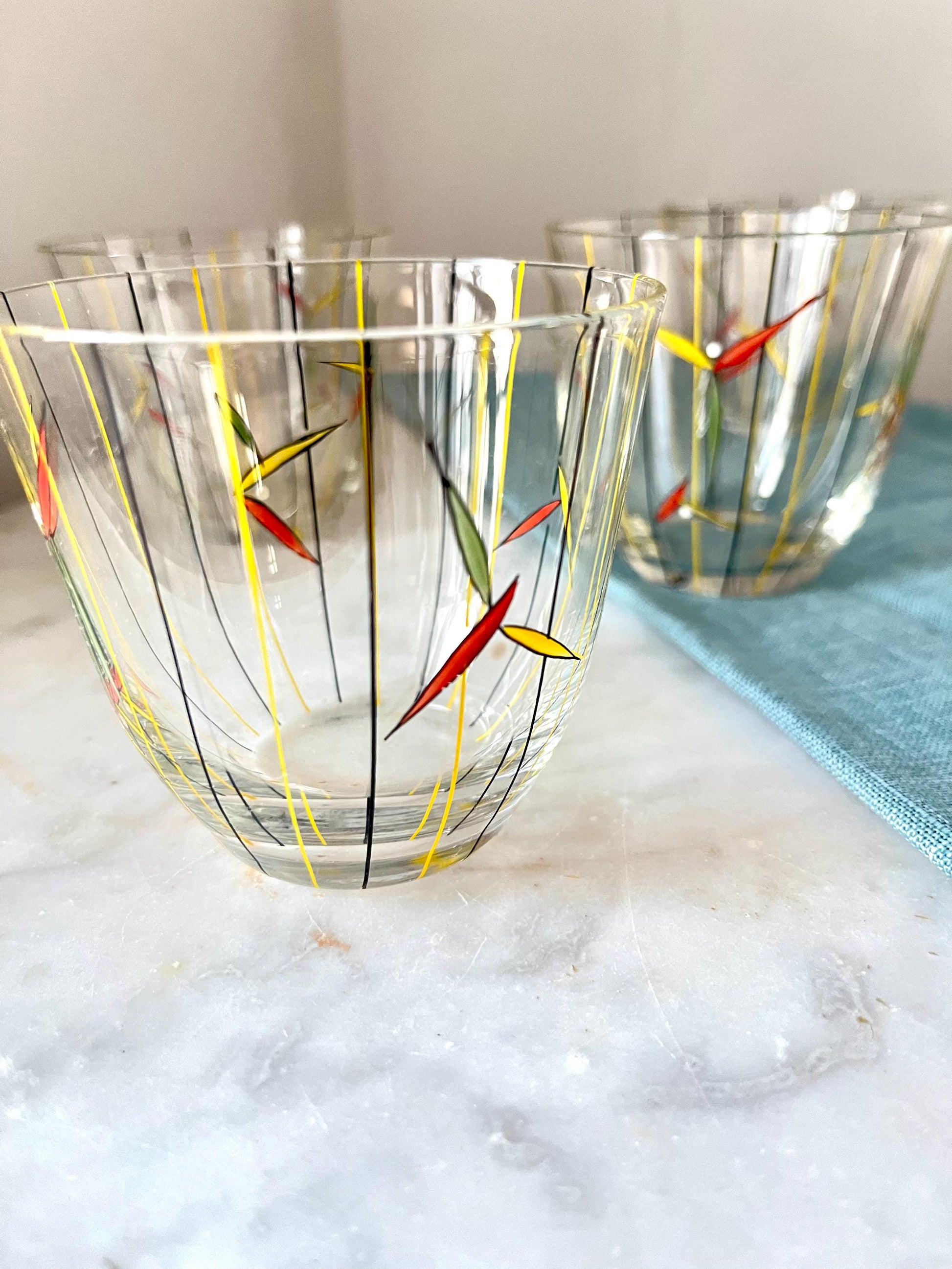 Set of 6 Hand-Painted Glasses, Yellow & Black, 1950s