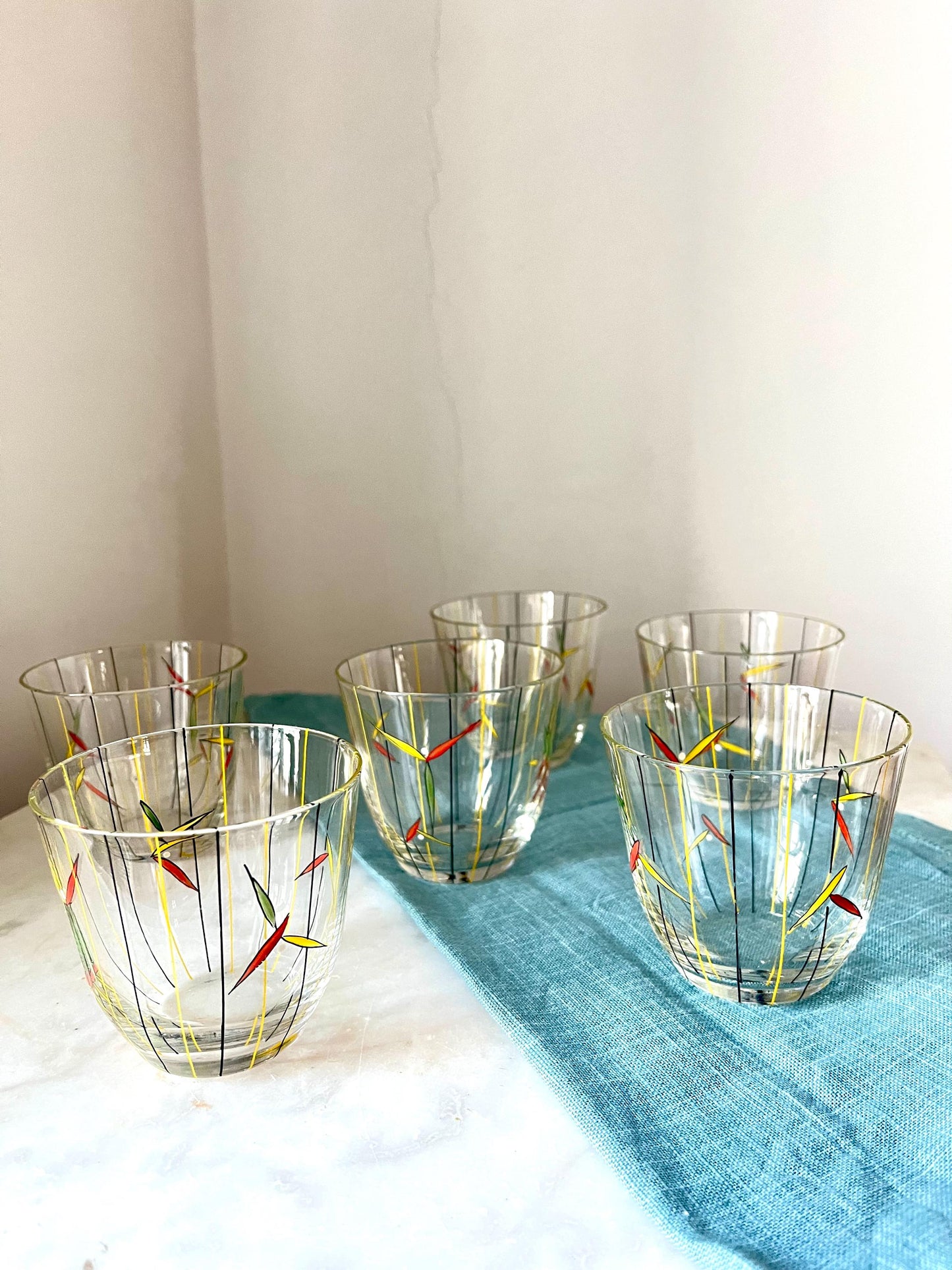 Set of 6 Hand-Painted Glasses, Yellow & Black, 1950s