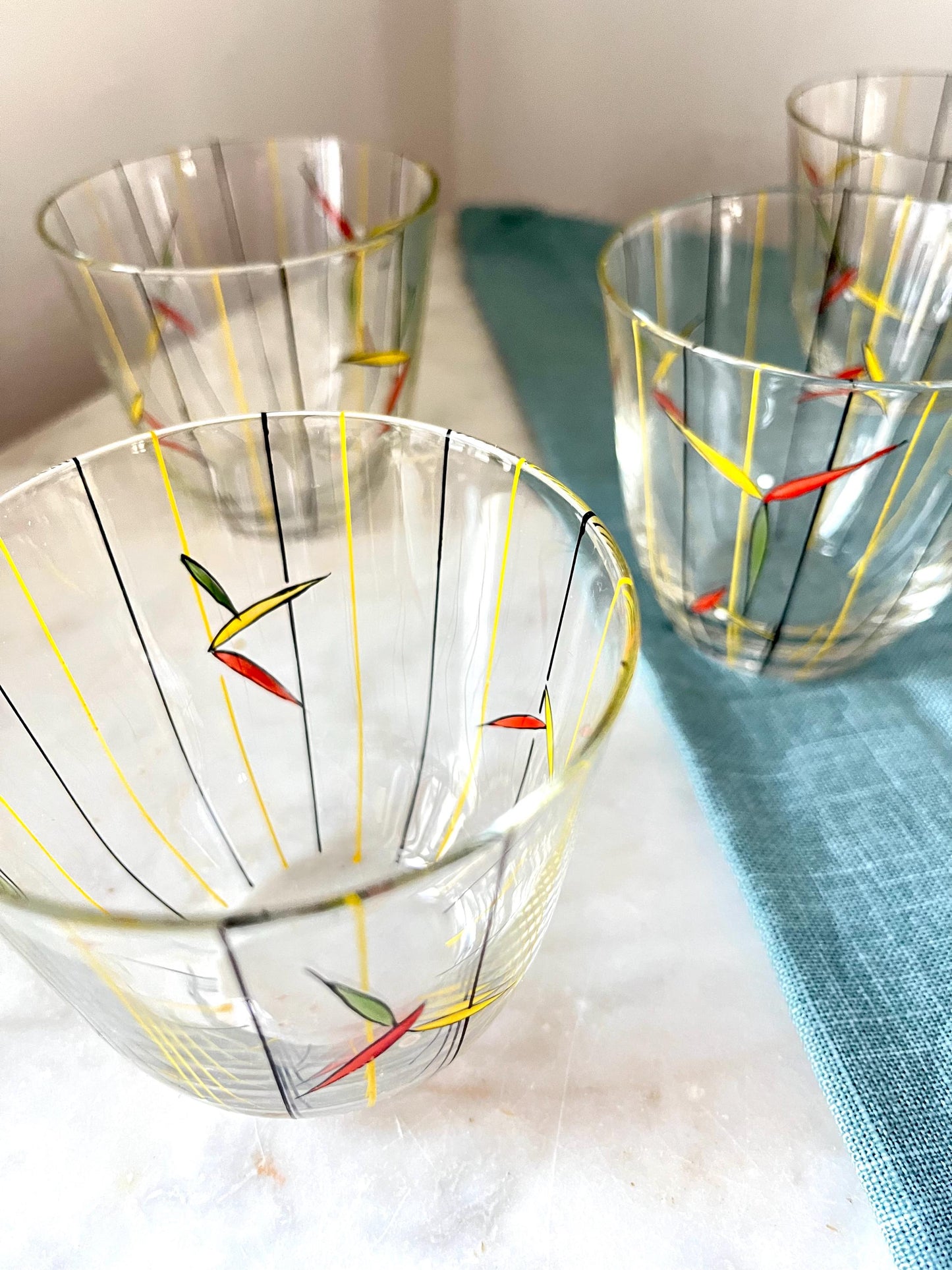 Set of 6 Hand-Painted Glasses, Yellow & Black, 1950s