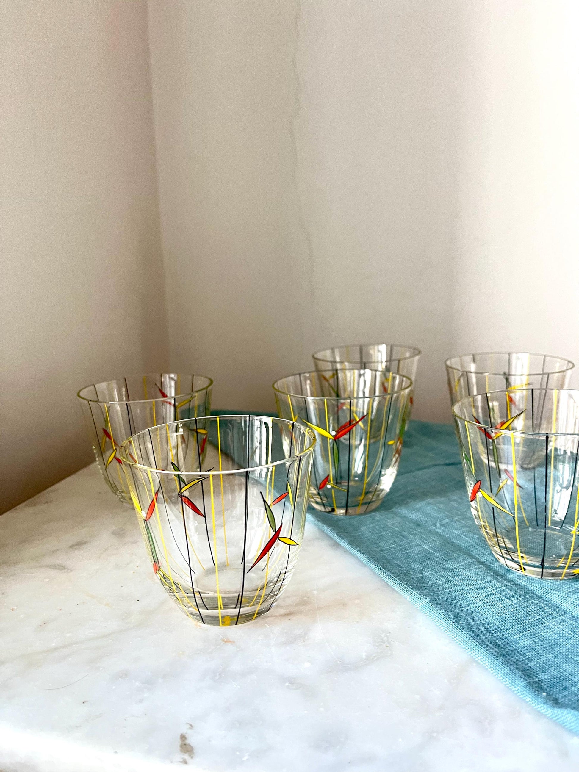 Set of 6 Hand-Painted Glasses, Yellow & Black, 1950s