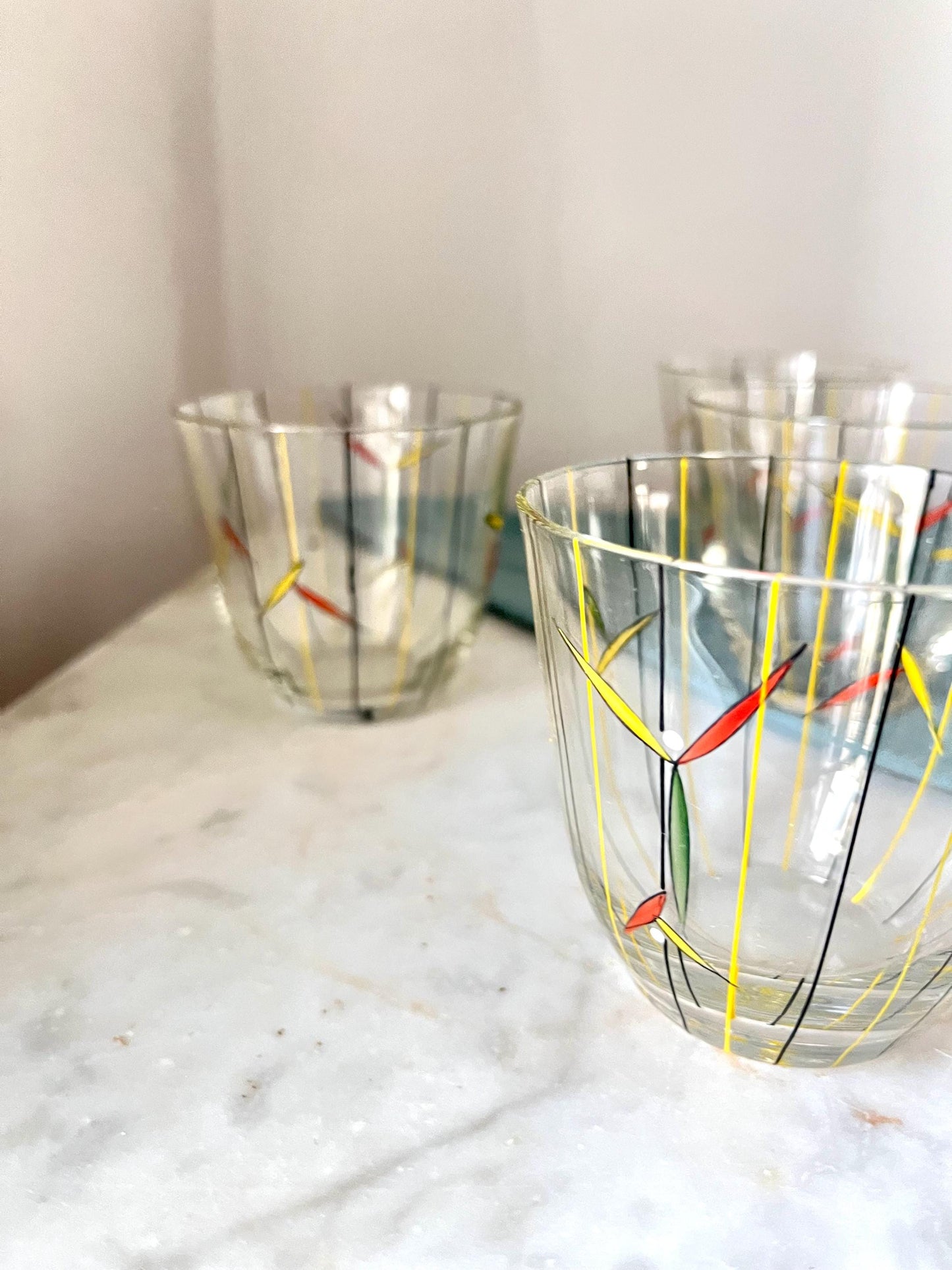 Set of 6 Hand-Painted Glasses, Yellow & Black, 1950s