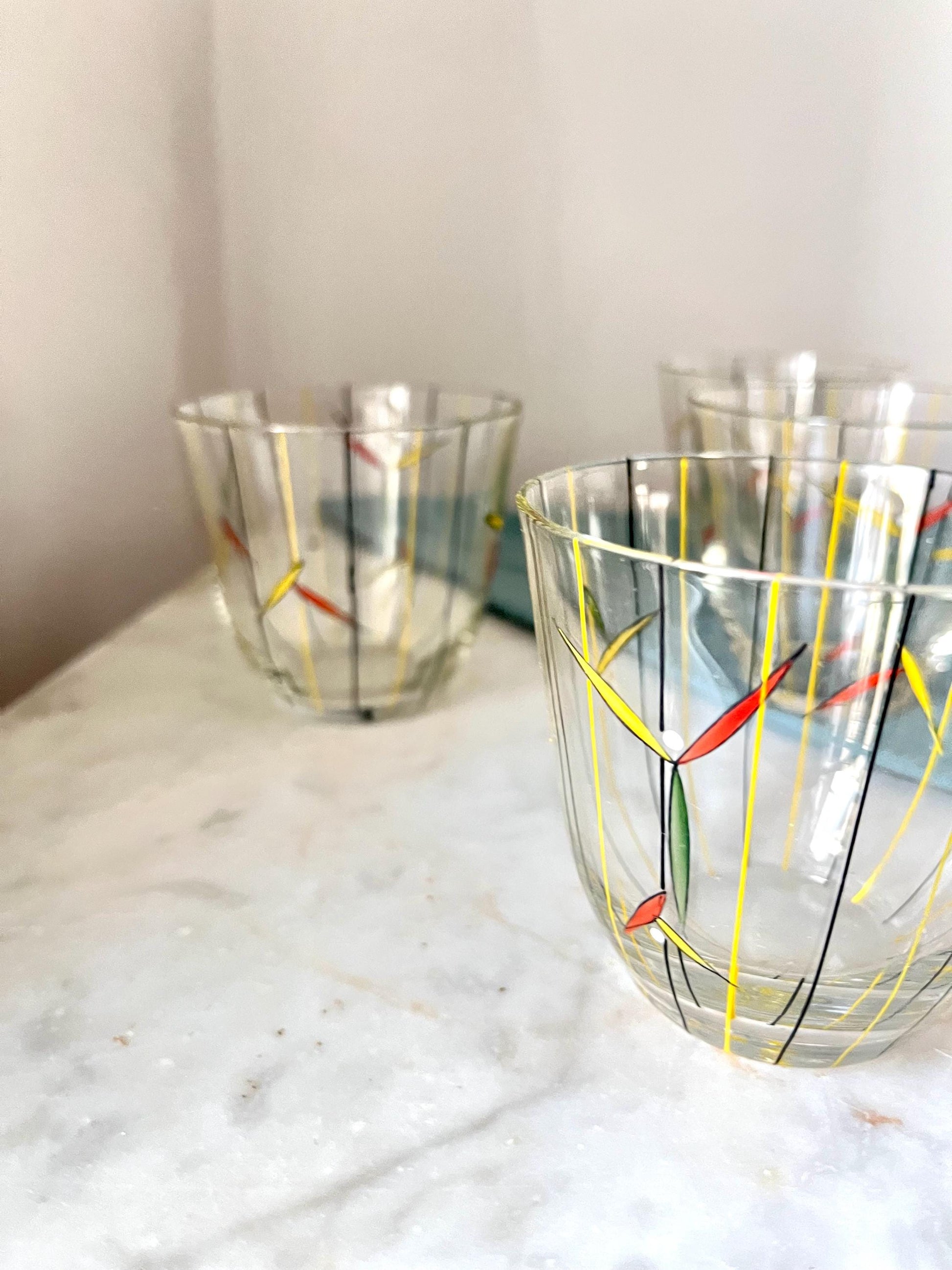 Set of 6 Hand-Painted Glasses, Yellow & Black, 1950s