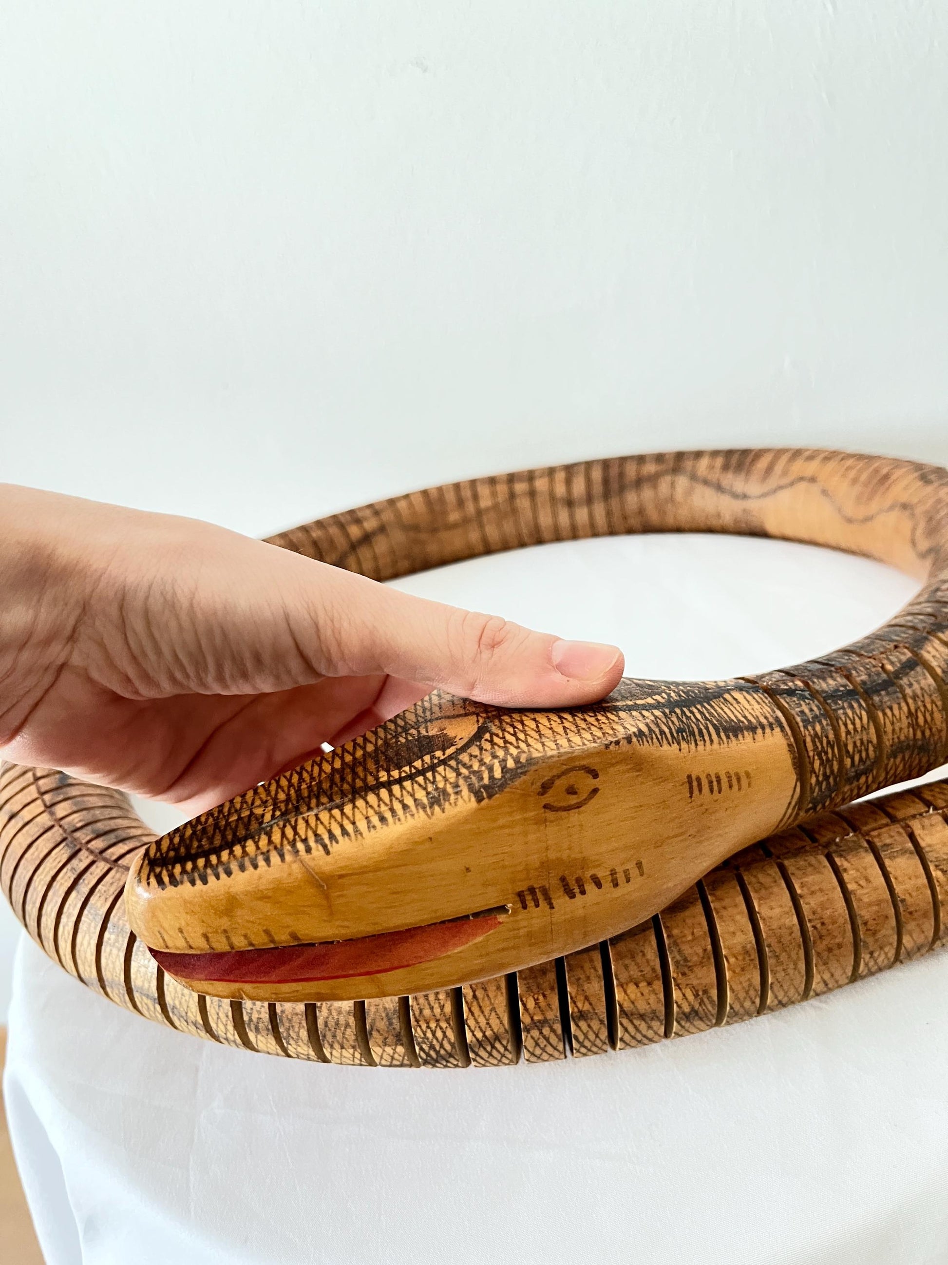 Articulated Hand-Carved Wooden Snake Sculpture, Folk Art, 1980s
