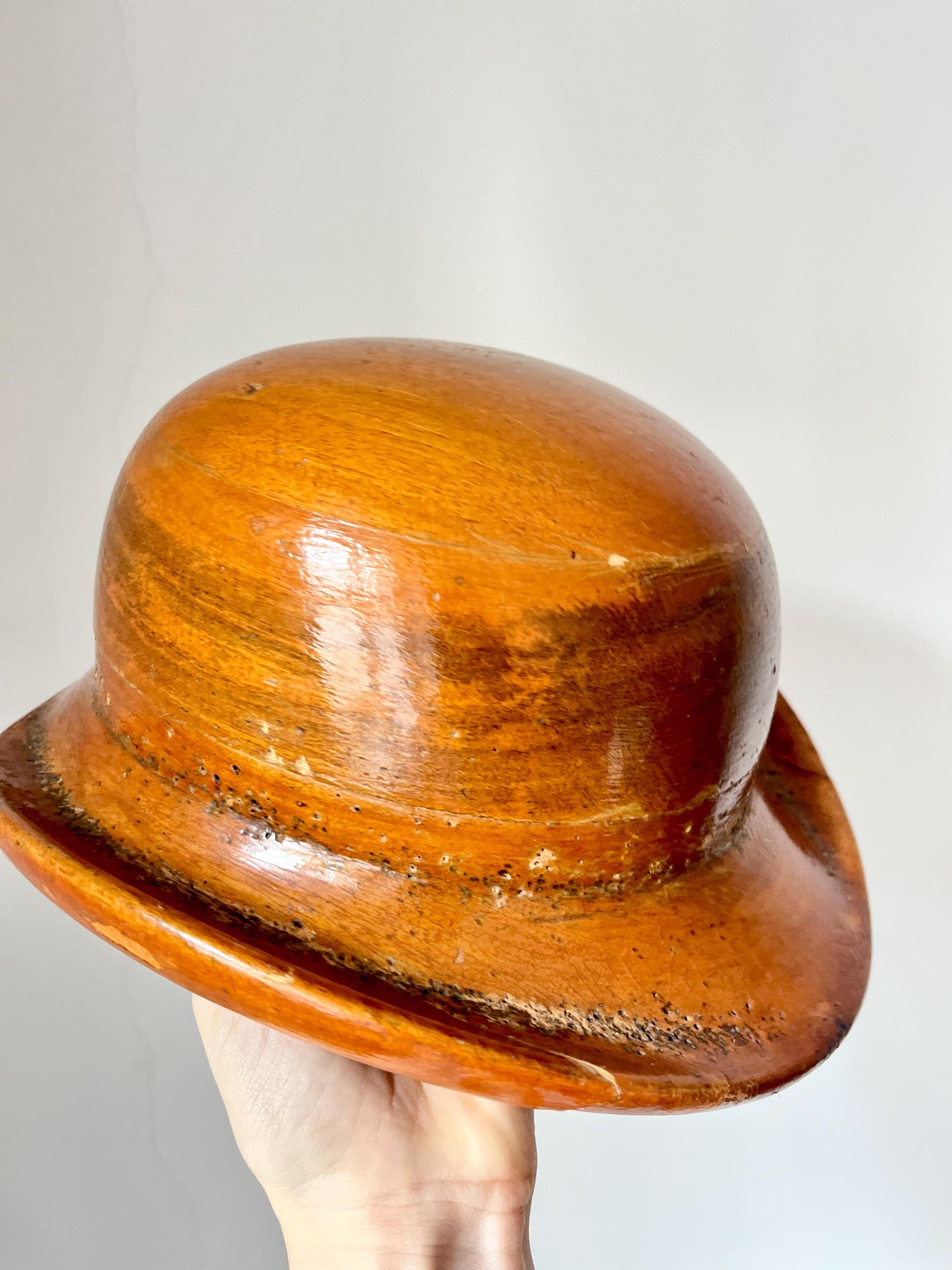 Wooden Bowler Hat Block Mould, Millinery Tool, Early 20th Century