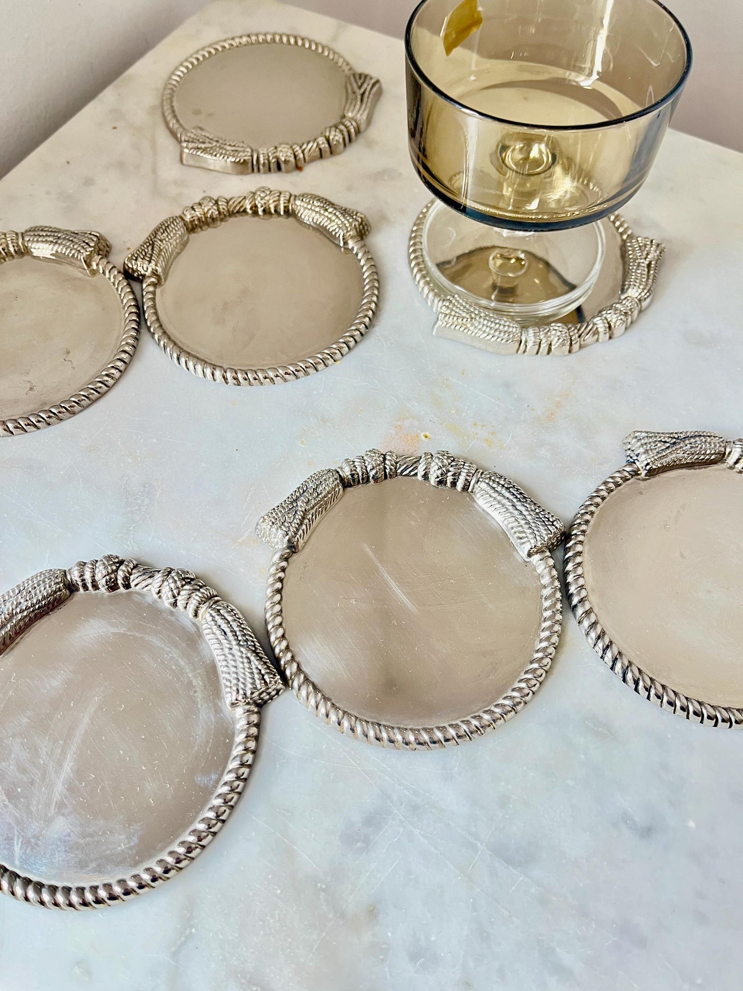 Set of 7 Silver-Plated Coasters, Rope Edge, 1960s