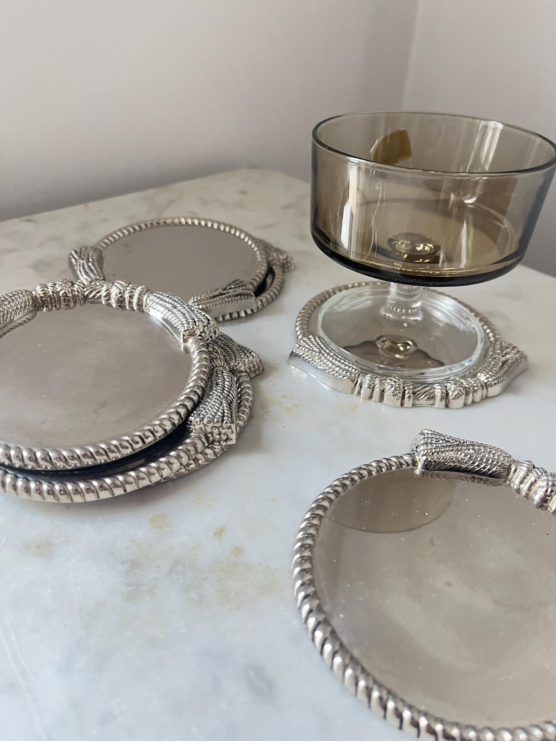 Set of 7 Silver-Plated Coasters, Rope Edge, 1960s