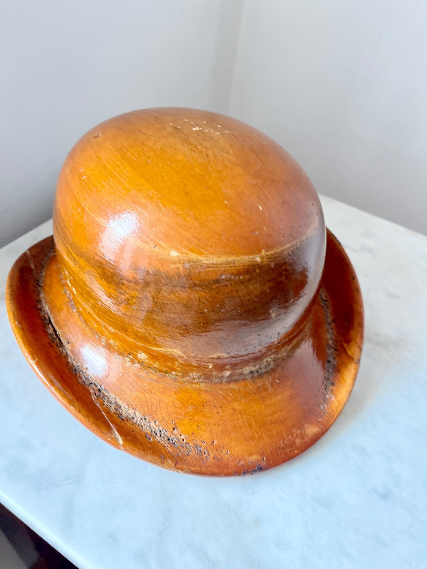 Wooden Bowler Hat Block Mould, Millinery Tool, Early 20th Century