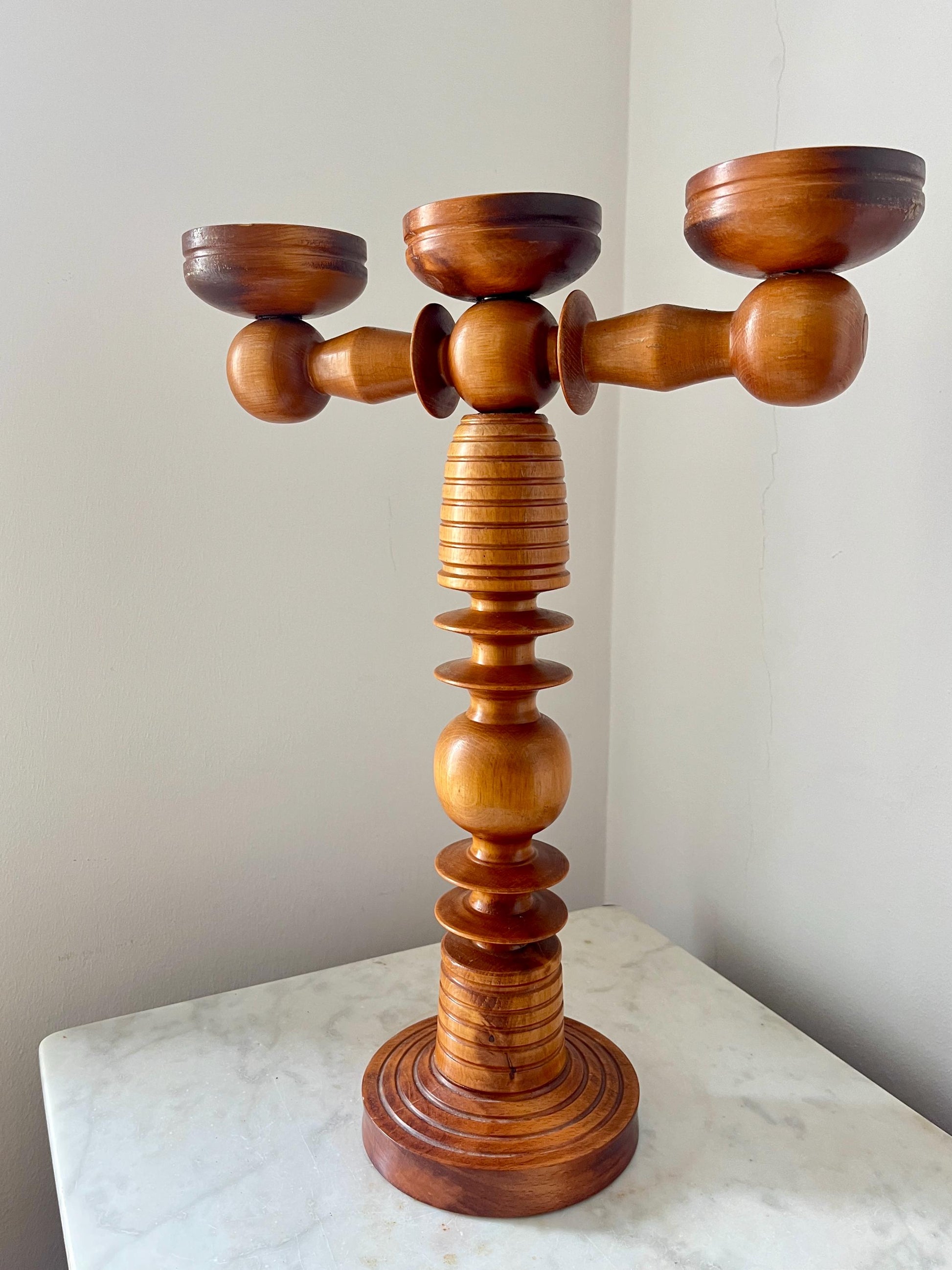 Scandinavian Three-Arm Wooden Candle Holder, Sweden, 1960s