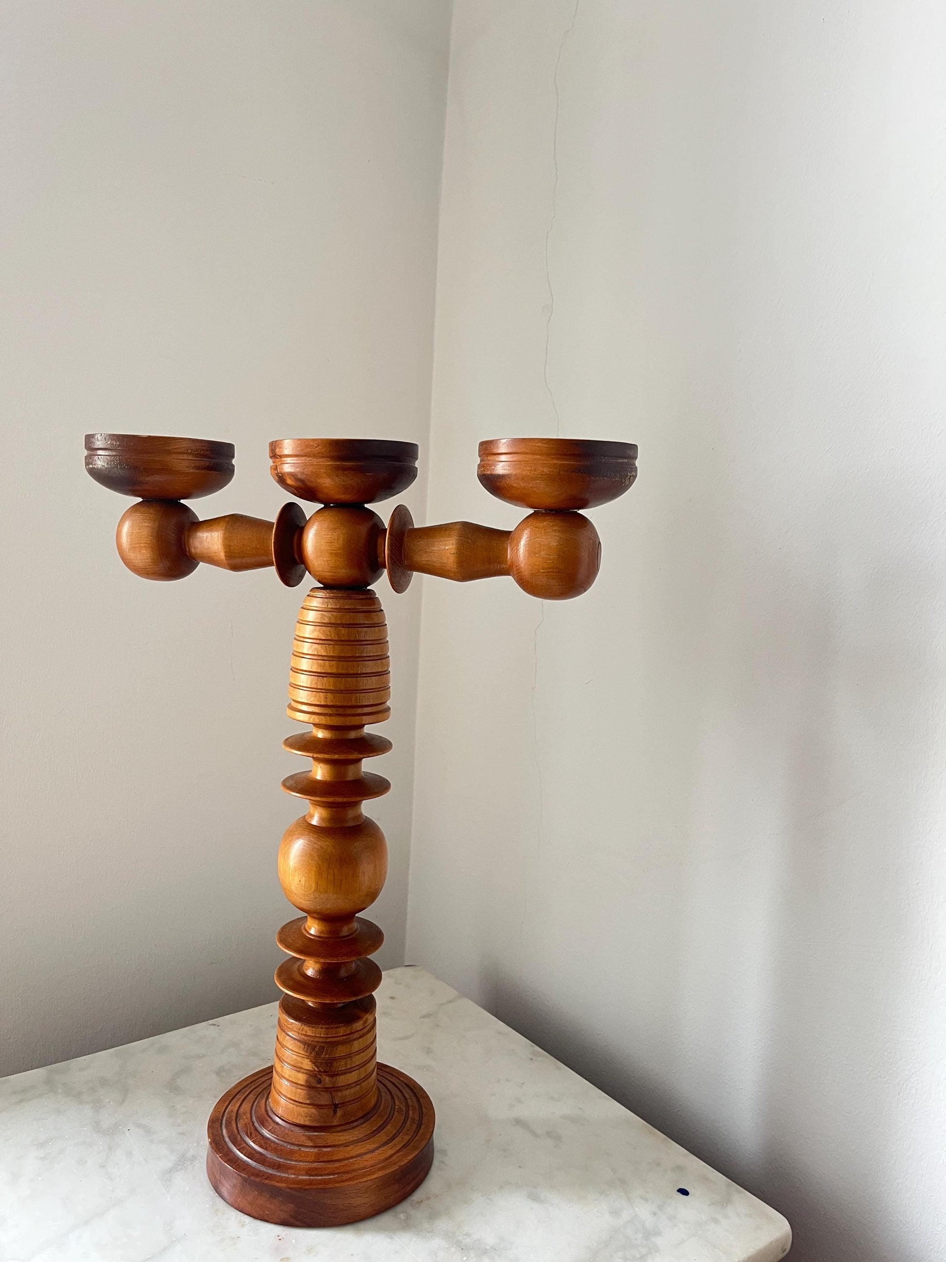Scandinavian Three-Arm Wooden Candle Holder, Sweden, 1960s